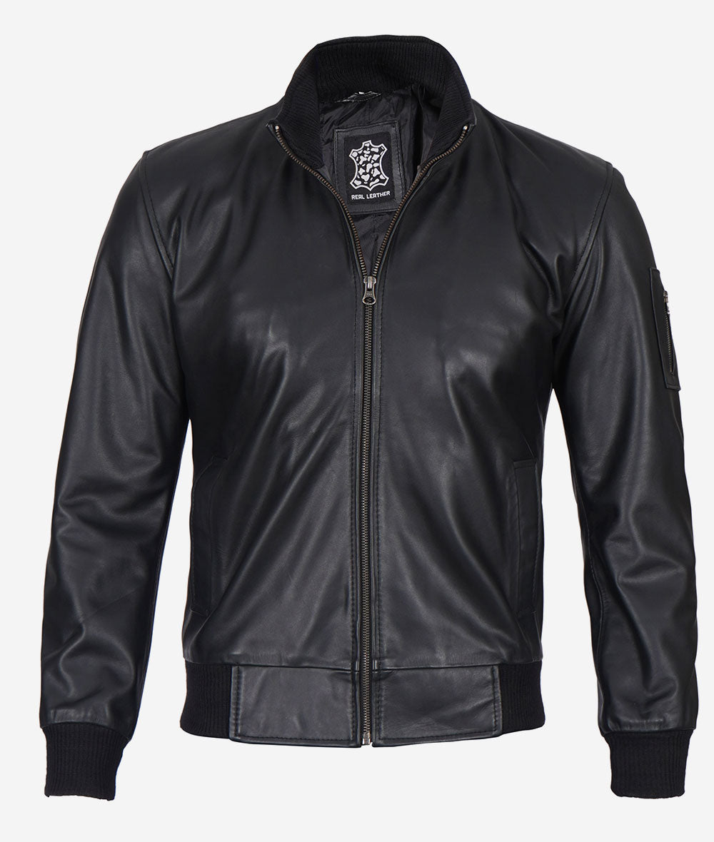 Leather Bomber Black Mens Cowhide Leather Jacket