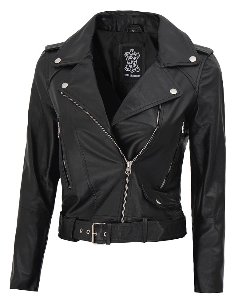 Asymmetrical Black Cropped Leather Jacket Womens