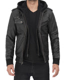 Edinburgh Mens Grey Leather Bomber Jacket With Removable Hood