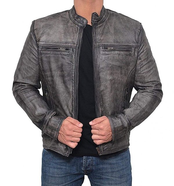 Garcia Mens Leather Distressed Grey Moto Jacket