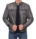 Garcia Mens Leather Distressed Grey Moto Jacket