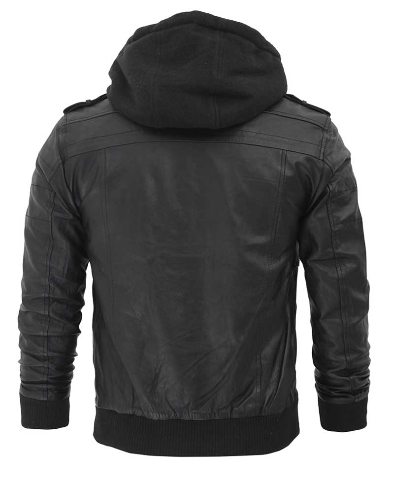 Edinburgh Mens Black Bomber Leather Jacket with Removable Hood