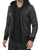 Edinburgh Mens Grey Leather Bomber Jacket With Removable Hood