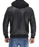 Mens Black Leather Jacket With Removable Hood