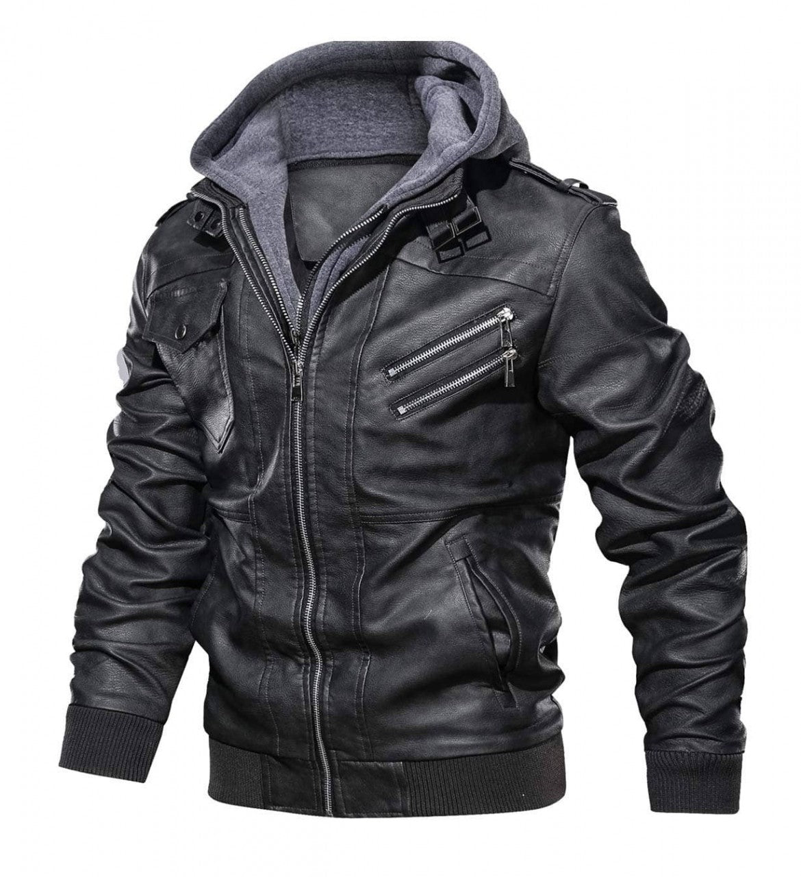 Black Lambskin Leather Jacket with Removable Hood Mens