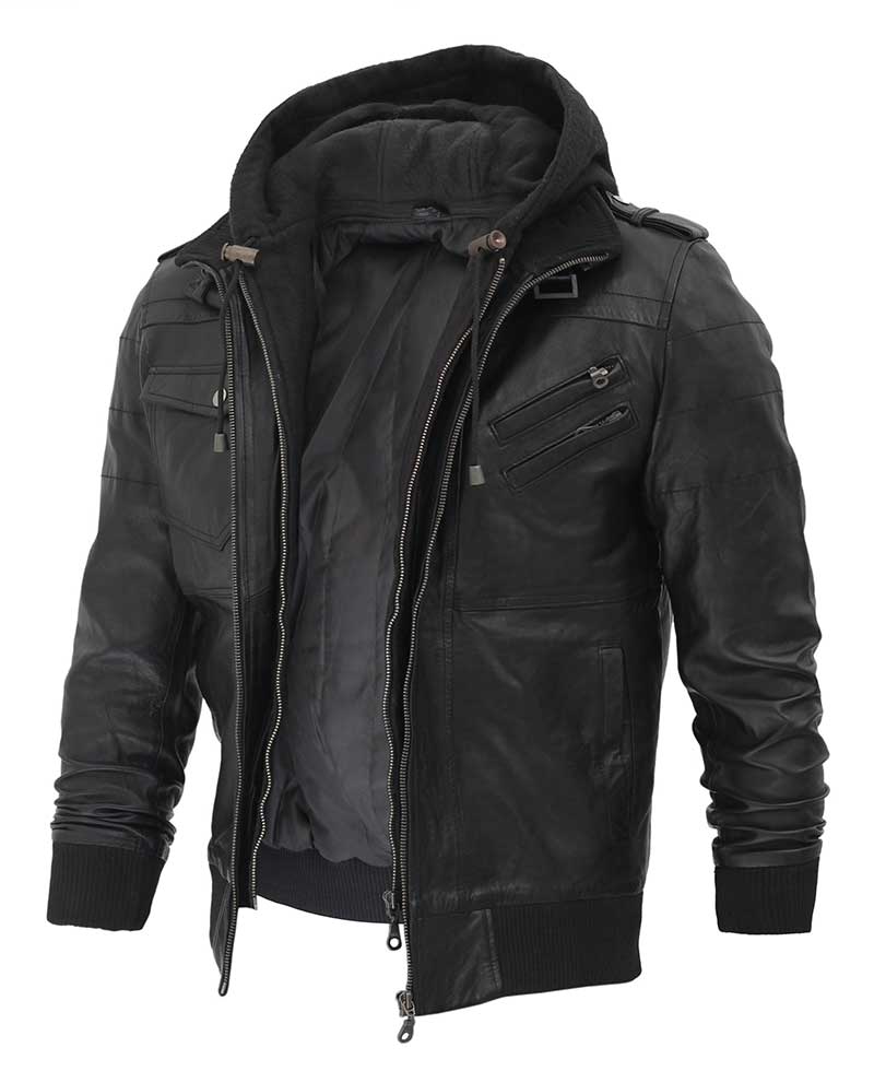 Edinburgh Mens Black Leather Jacket with Removable Hood