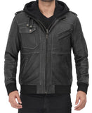 Edinburgh Mens Grey Leather Bomber Jacket With Removable Hood