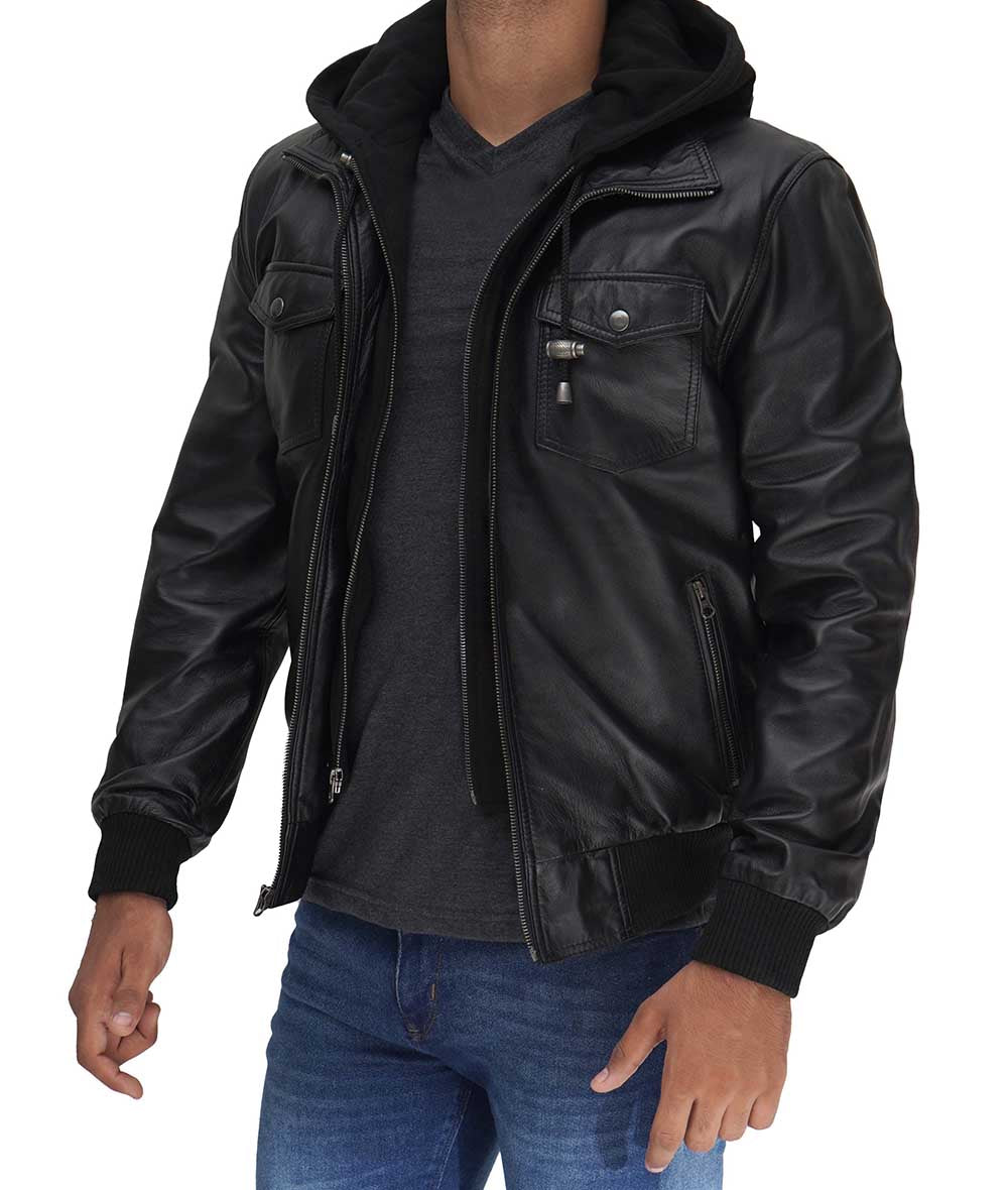 FLAVOR Men's Real Leather Bomber Jacket with Removable Fur Collar Aviator  at  Men’s Clothing store