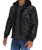 Mens Black Leather Jacket With Removable Hood