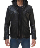 Johnson Mens Black Leather Jacket With Removable Hood