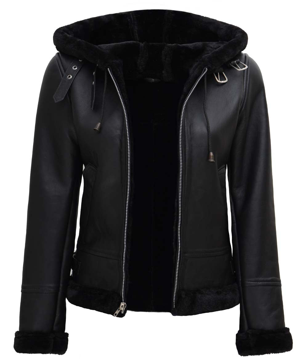 Black Aviator Jacket Womens  Hooded Shearling Leather Jacket