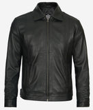 Black Snap Button Collar Cowhide Jacket Mens