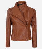 Asymmetrical Cognac Leather Biker Jacket Women