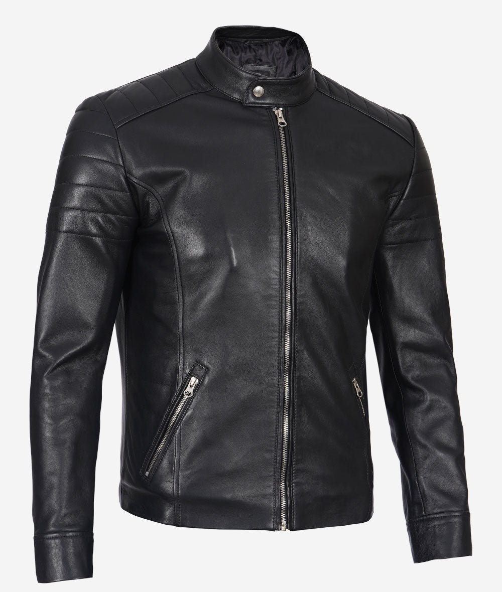 Black Leather Cafe Racer Jacket With Snap Button Collar