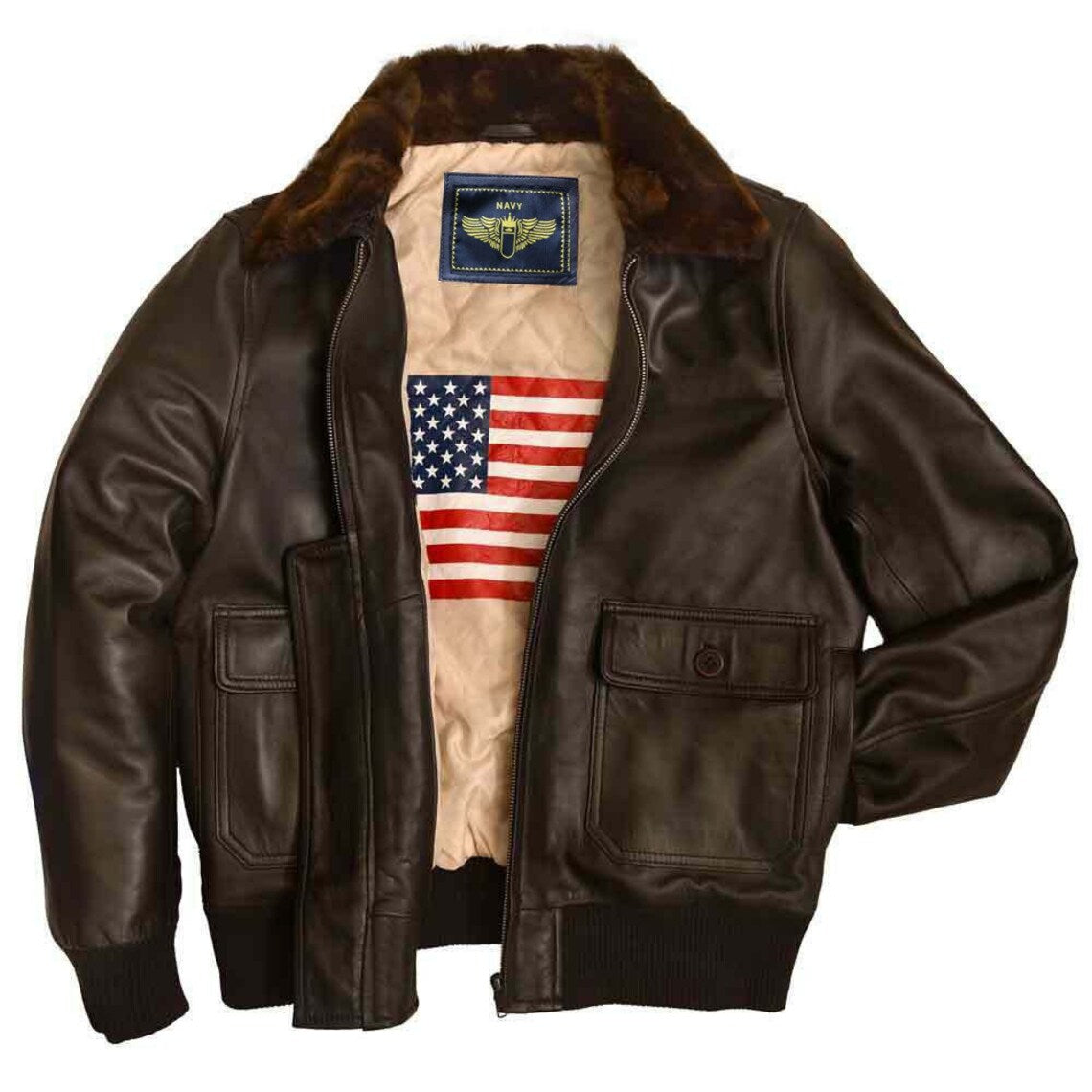Mens Navy Air force Flight Bomber Leather Jacket Fur Collar