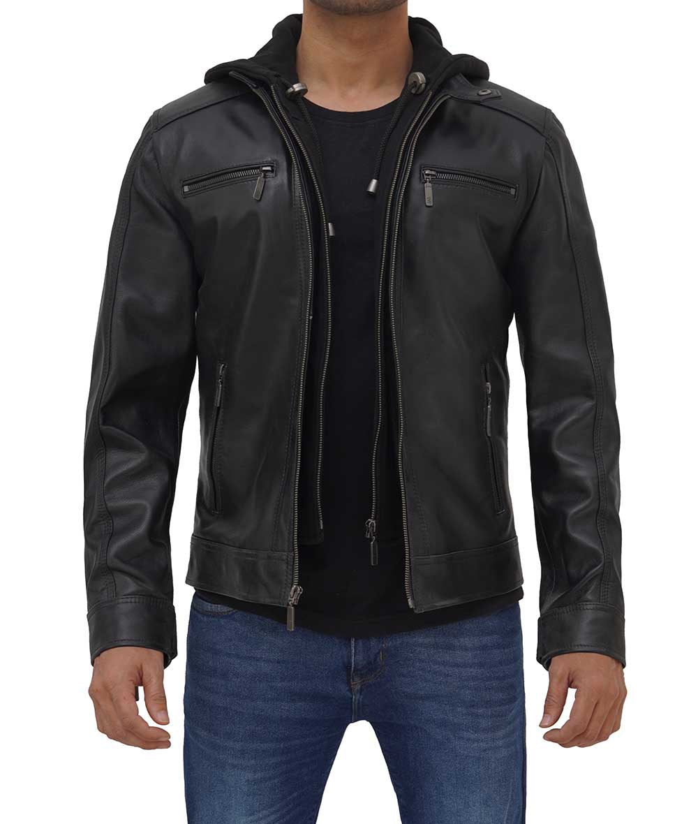 Black Hooded Cafe Racer Leather Jacket Mens