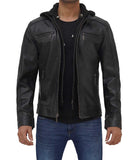 Black Hooded Cafe Racer Leather Jacket Mens