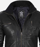 Mens Cafe Racer Washed Leather Jacket With Black Waxed