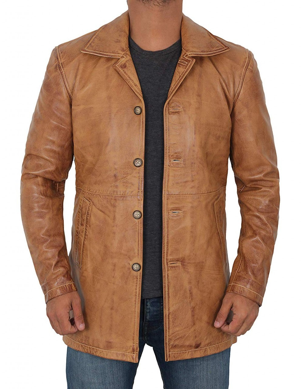 Mens Distressed Camel 3   4 Length Leather Coat