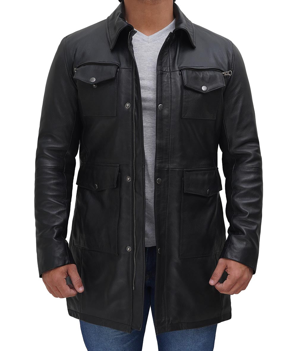 Mens Black Four Pocket Shirt Collar 3   4 Length Leather Coat