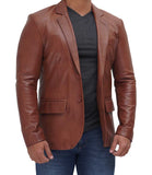 Brandon Mens Tan Notch Lapel Two Button Leather Blazer Jacket