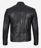 Black Leather Cafe Racer Jacket With Snap Button Collar