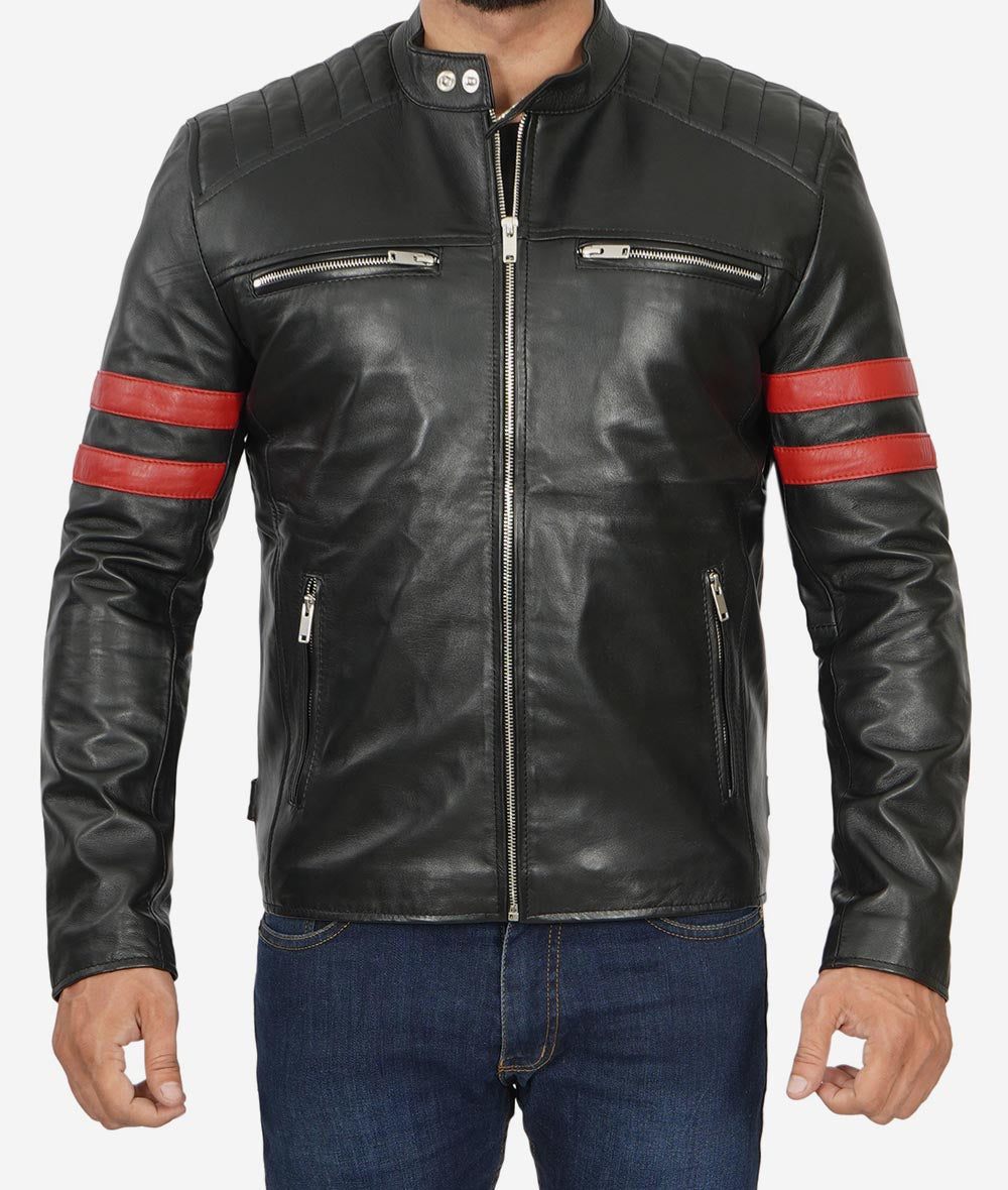 Mens Black Quilted Red Stripe Cafe Racer Leather Motorcycle Jacket Musheditions