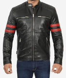 Mens Black Quilted Red Stripe Cafe Racer Leather Motorcycle Jacket