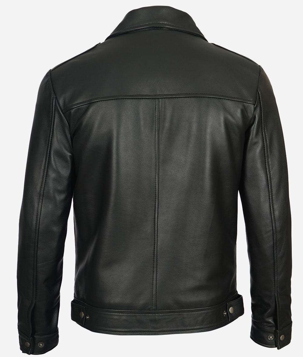 Reeves Black Shirt Collar Vintage Black Leather Jacket