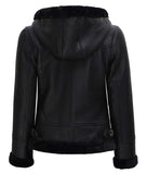 Black Aviator Jacket Womens  Hooded Shearling Leather Jacket