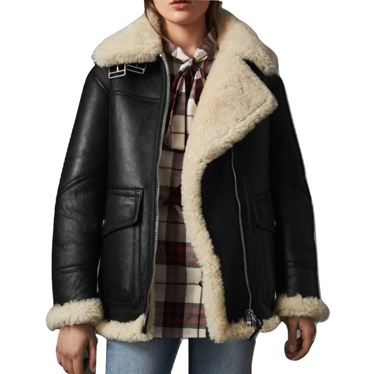 Stylish Black FUR Sheepskin Leather Jacket for Women - Leather Jacket