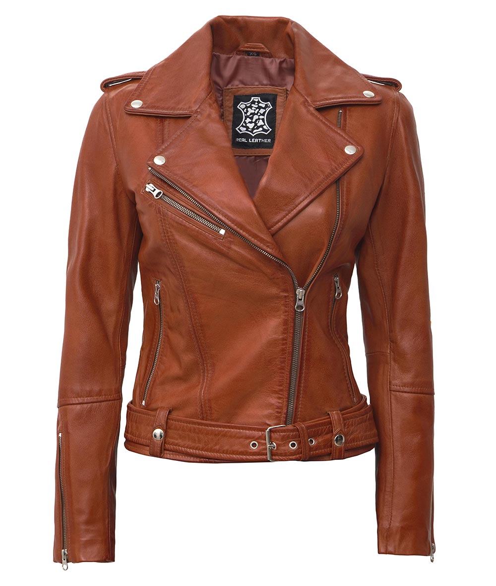 Asymmetrical Leather Biker Jacket Women  Brown Leather