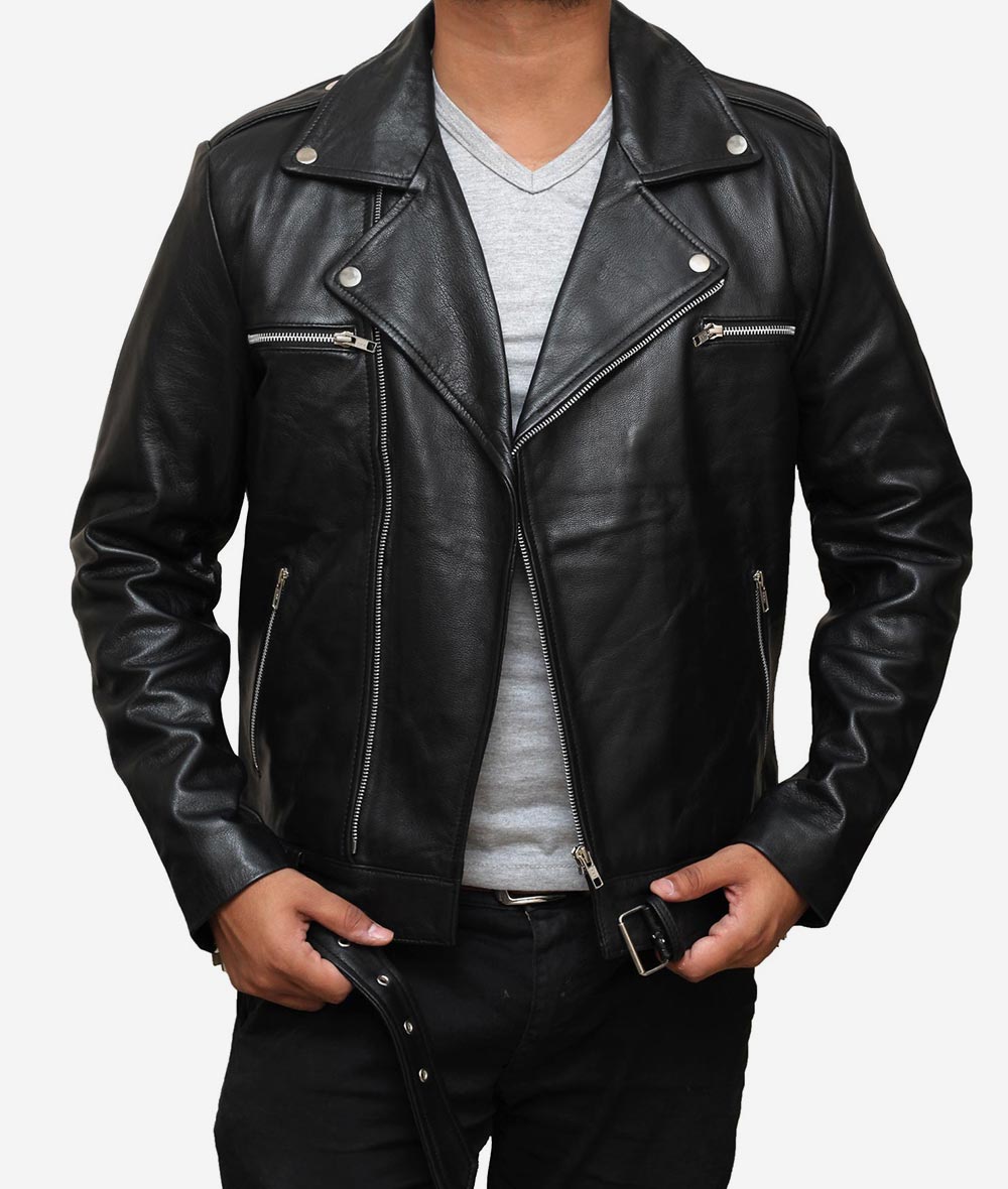 Negan Black Asymmetrical Belted Moto Leather Jacket