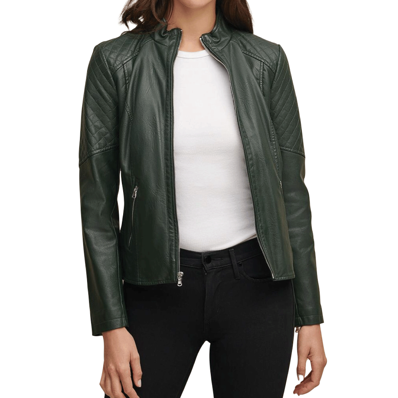 Slim and Smart Quilted Green Color Zipper Pocket Sheepskin Leather Jacket Women