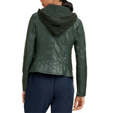 Women Stylish Hooded and Quilted Green Sheepskin Leather Jacket