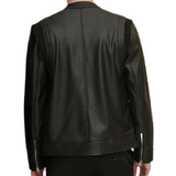 Men Black Collar Strap Zipper Genuine Sheepskin Leather Jacket