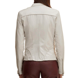 Stylish Cream Color Zipper Cuff and Pockets Sheepskin Leather Jacket Women