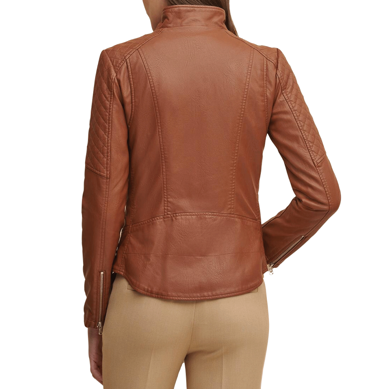 Slim and Smart Quilted Brown Color Zipper Pocket Sheepskin Leather Jacket Women