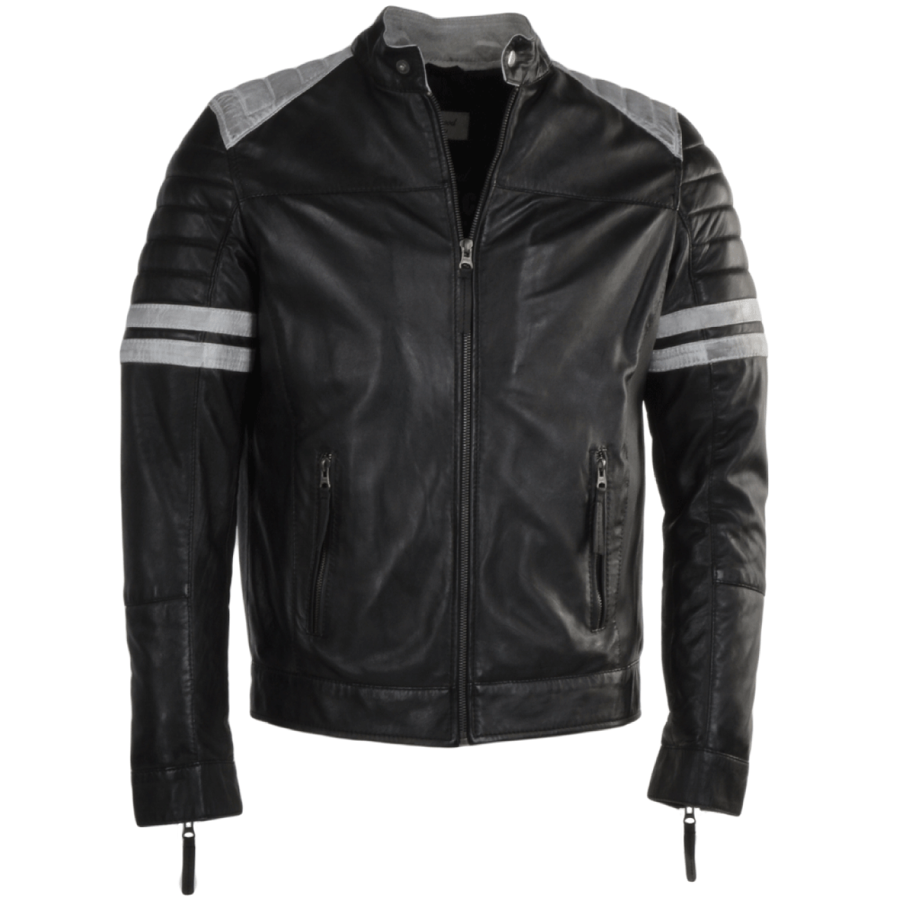Leather bomber jacket in black with white stripes 