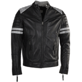 Leather bomber jacket in black with white stripes 