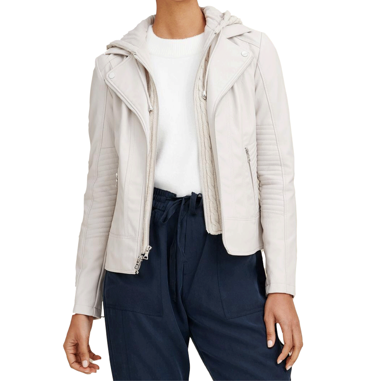 Women Stylish Hooded and Quilted White Sheepskin Leather Jacket