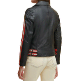 Black Sheepskin Leather Jacket with Red and White for Women