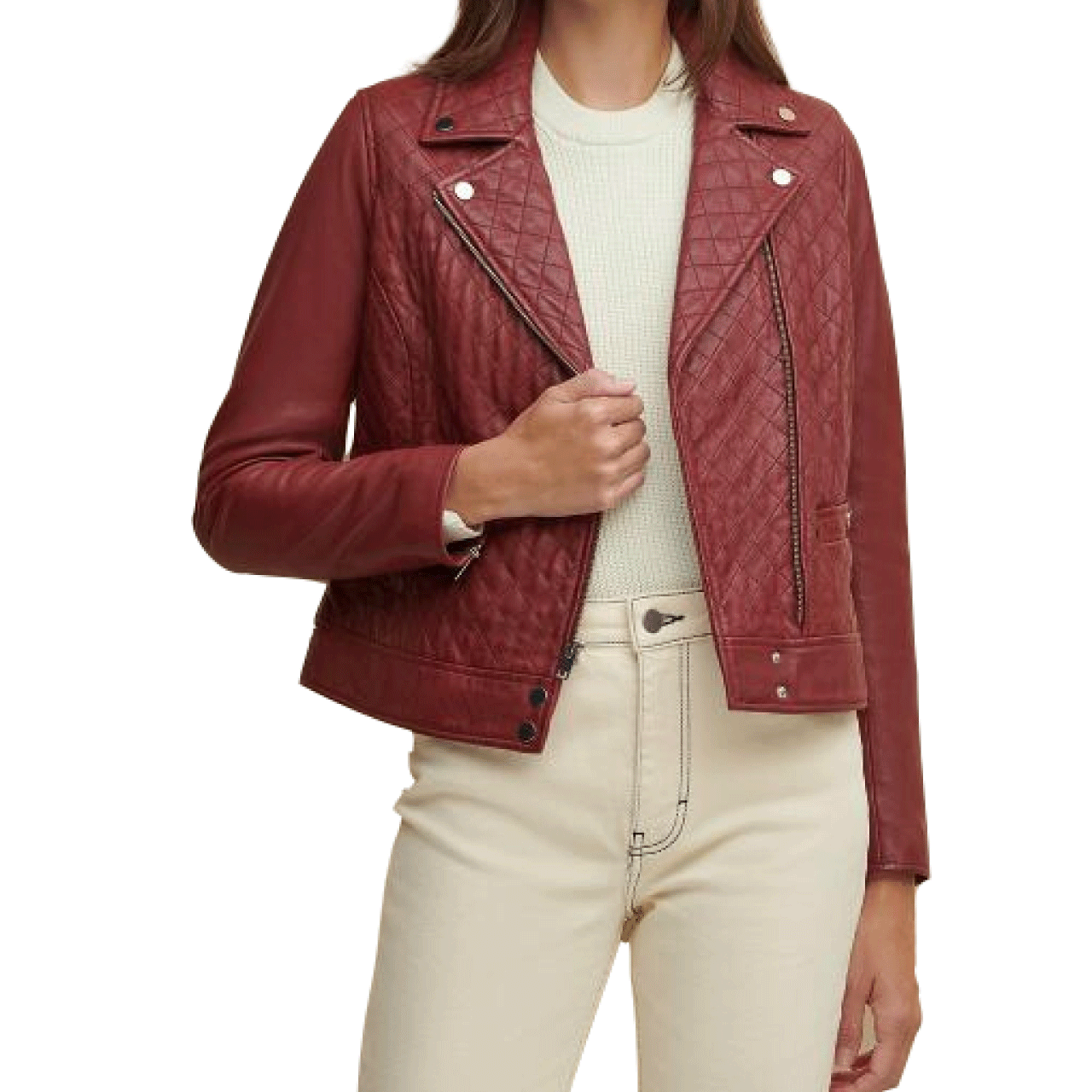 Red Stylish Quilted Women Sheepskin Leather Jacket