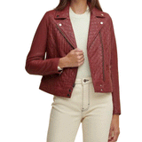 Red Stylish Quilted Women Sheepskin Leather Jacket