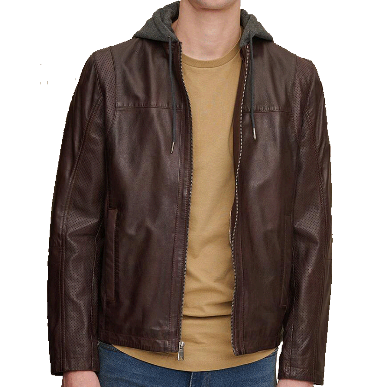 Men Brown Bomber Hooded Genuine Sheepskin Leather Jacket