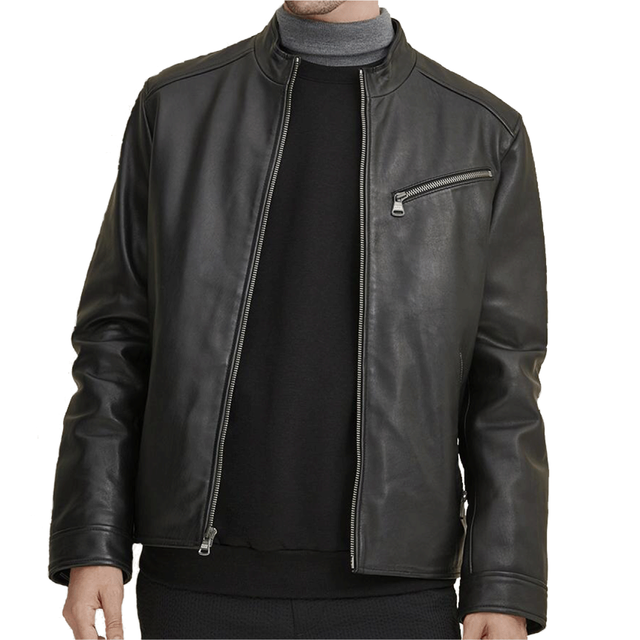 Lambskin Leather Jacket with Diagonal Zipper On Chest