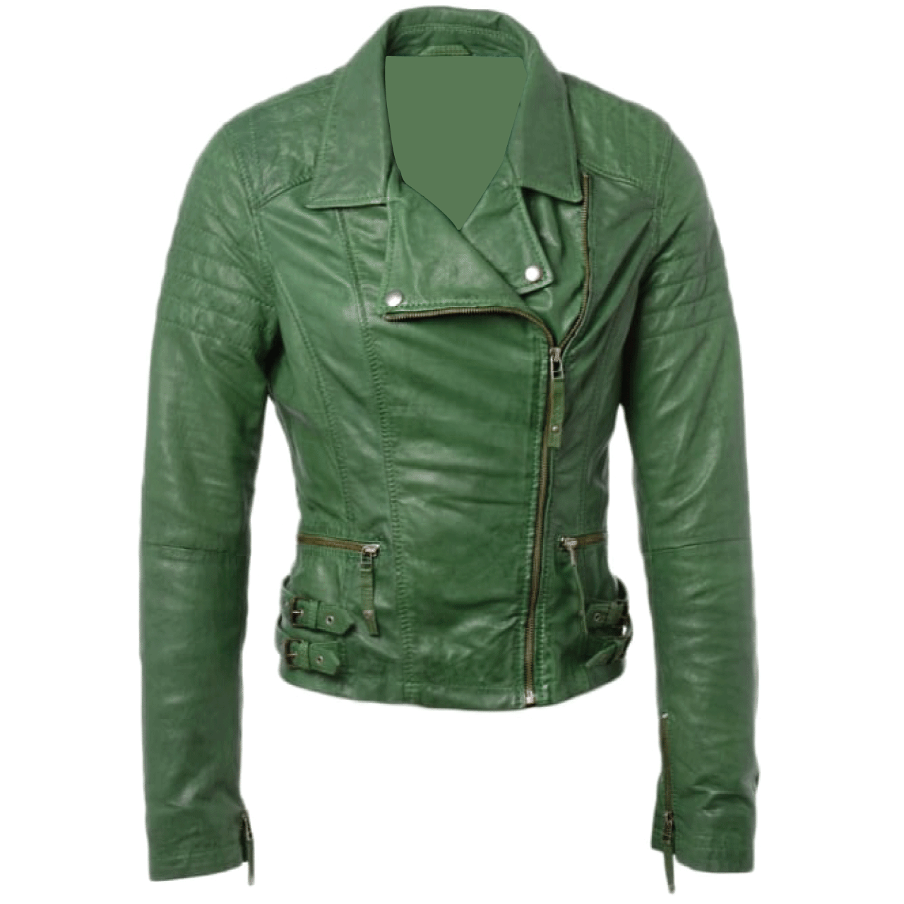 Stylish Green Quilted Buckle Straps Sheepskin Leather Jacket Women