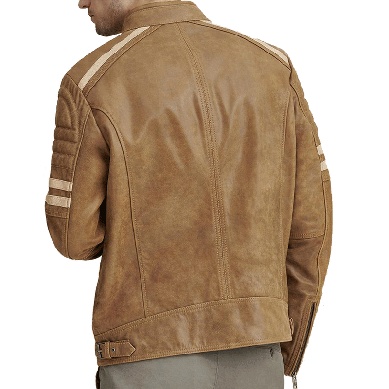 Stylish Camel Brown with Brown Stripes Genuine Lambskin Leather Men Jacket