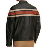 Men Black Retro Biker Striped Genuine Lambskin Leather Jacket