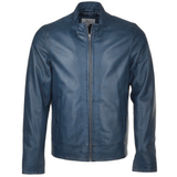 Men Blue Stand Collar Genuine Sheepskin Leather Motorcycle Jacket